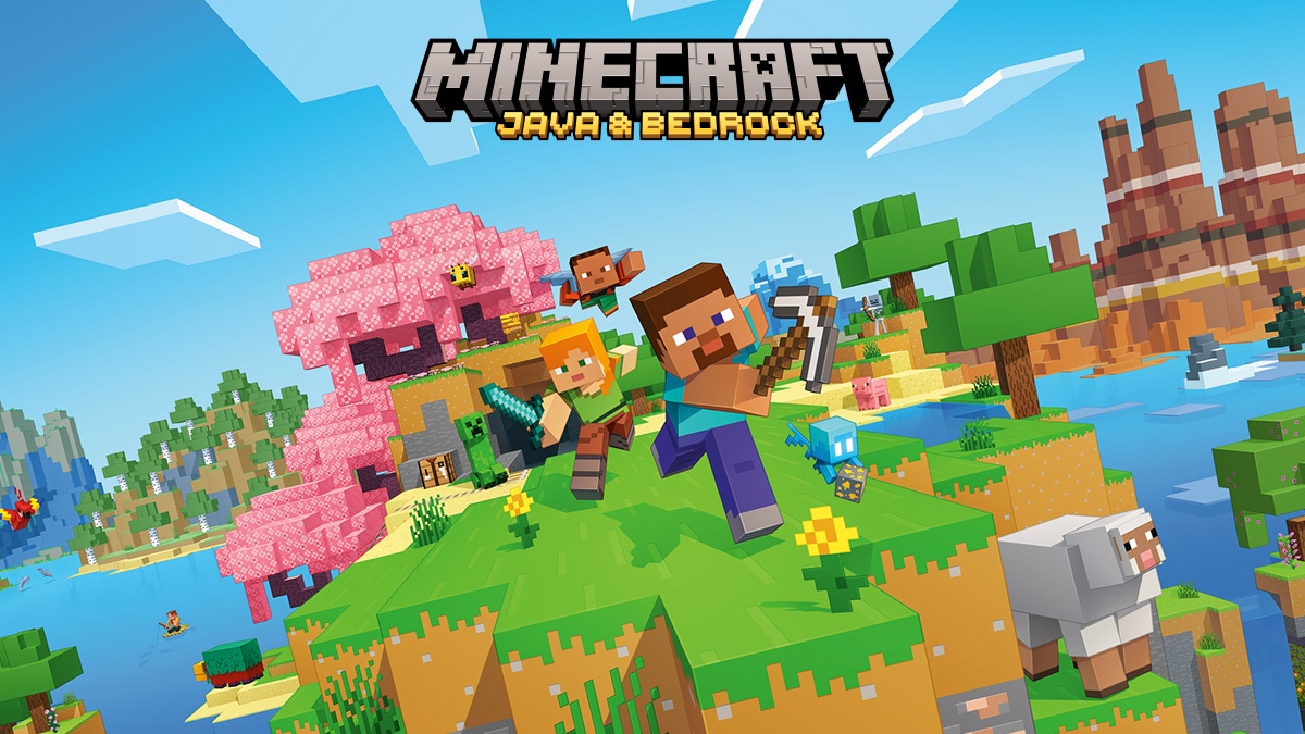 Steve and Alex run across a grassy hilltop, with varied mobs and biomes in  every direction.