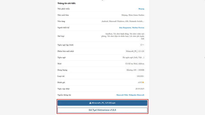 Bước 1: Tải file Minecraft APK và Ty-el Vietnamese về máy